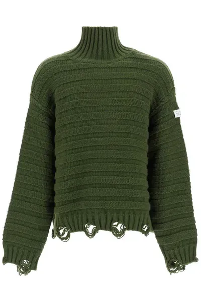 Mm6 Maison Margiela Distressed High-neck Pullover Sweater In Green