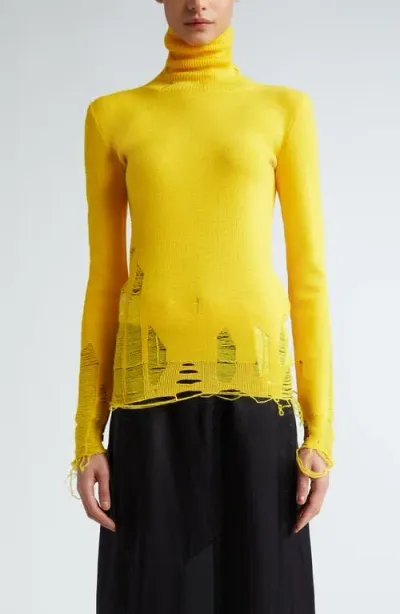 Mm6 Maison Margiela Ripped Virgin Wool Blend Turtleneck Sweater In Yellow