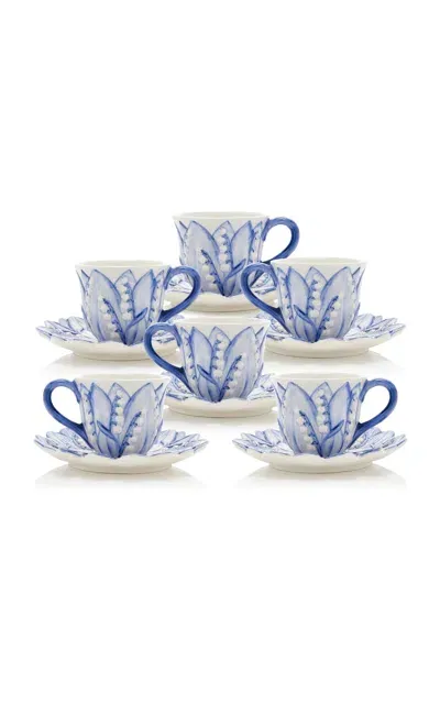 Moda Domus Set-of-six Lily Of The Valley Ceramic Tea Cup And Saucers In Blue