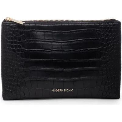 Modern Picnic The Snacker Crocodile-embossed Vegan Leather Pouch In Black Croc