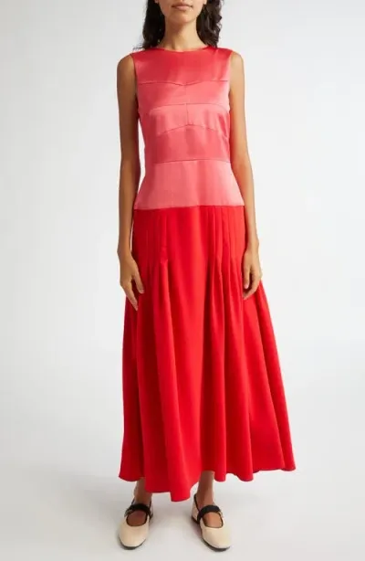 Molly Goddard Ebba Drop Waist Mixed Media Dress In Pink Red