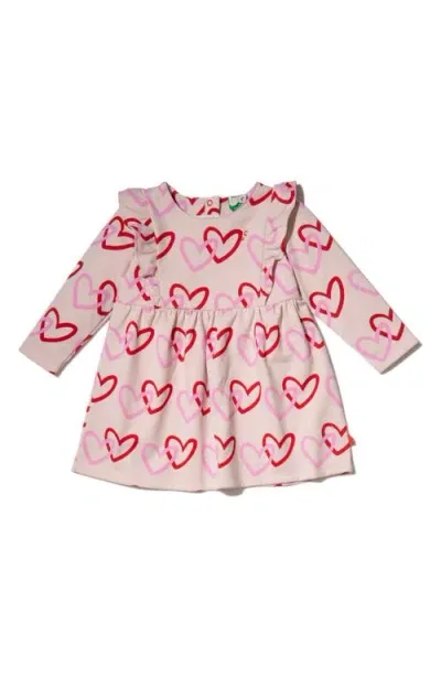 Mon Coeur Kids Heart Print Long Sleeve Ruffle Dress In Petal Pink/multi