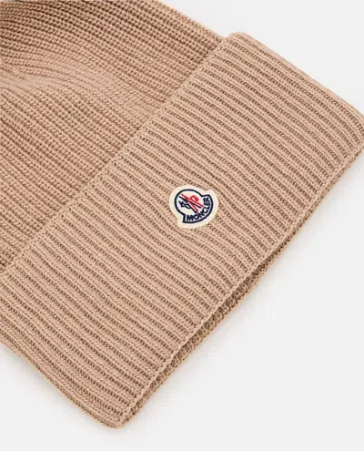 Moncler Beanie Logo Hat In Beige