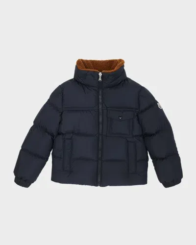 Moncler Kids' Boy's Cayden Faux Fur Trim Jacket In Dark Blue