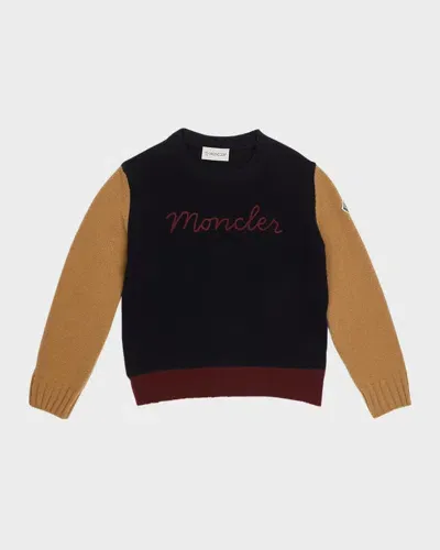 Moncler Kids' Boy's Logo Script Multicolor Sweater In Navy