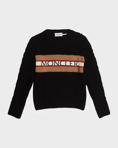 Moncler Kids' Boy's Striped Embroidered Logo-print Knit Wool Sweater In Black