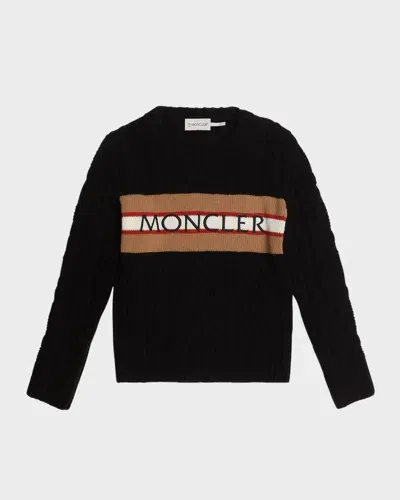 Moncler Kids' Boy's Striped Embroidered Logo-print Knit Wool Sweater In Black