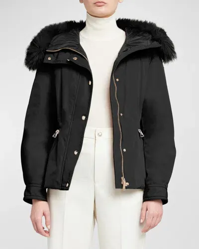 Moncler Bron Short Parka Jacket With Faux Fur Trim In Black