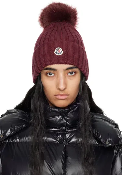 Moncler Burgundy Pom Pom Beanie In Red