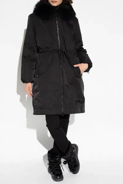 Moncler Durbec Long Parka Jacket With Shearling Collar In Black