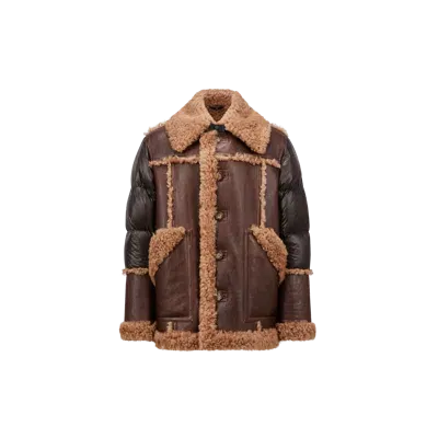 Moncler Elbrus Shearling Short Down Jacket Brown