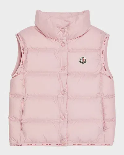 Moncler Kids' Girl's Badia Logo Tape Puffer Vest In Pastel Pink