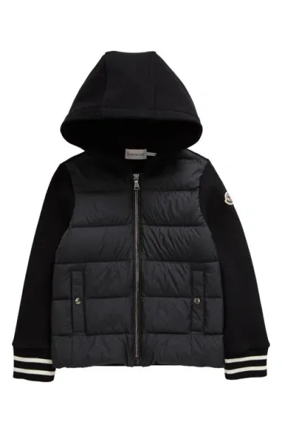 Moncler Kids' Knit & Quilted Down Hooded Cardigan In Black