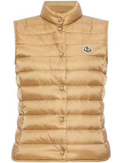 Moncler Mock Neck Logo Patch Down Gilet In Beige