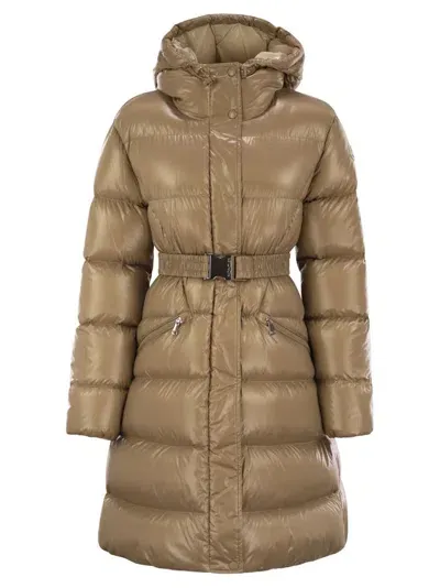 Moncler Logo Patch Hooded Down Coat In Beige