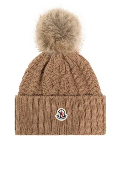 Moncler Pom Pom Embellished Knitted Beanie In Beige