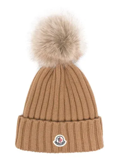 Moncler Pompom Wool Beanie In Brown