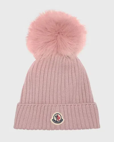 Moncler Kids' Ribbed Wool Beanie W/ Faux Fur Pom In Open Pink