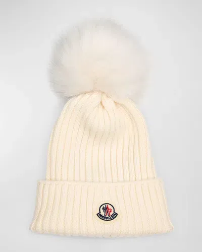 Moncler Kids' Ribbed Wool Beanie W/ Faux Fur Pom In White