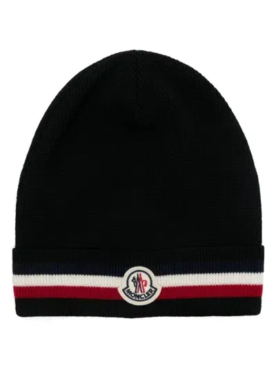 Moncler Tricolour-stripe Wool Beanie Hat In Black