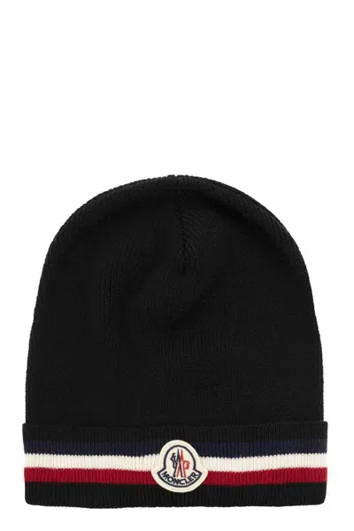 Moncler Tricolour Wool Cap In Black