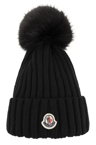 Moncler Wool Cap With Pom-pom In Black