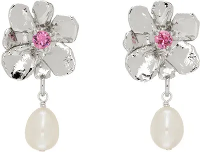 Mondo Mondo Silver Flower Pearl Drop Earrings In Silvertone