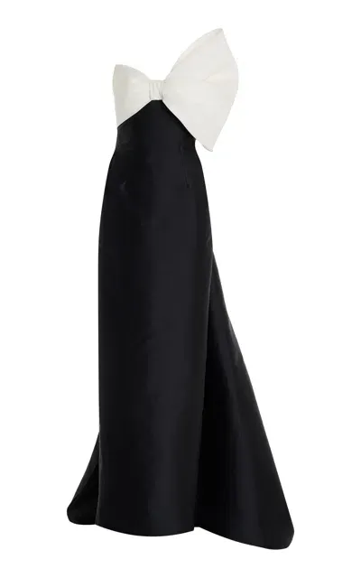 Monique Lhuillier Asymmetric Bow-detailed Mikado Silk Column Gown In Black,white