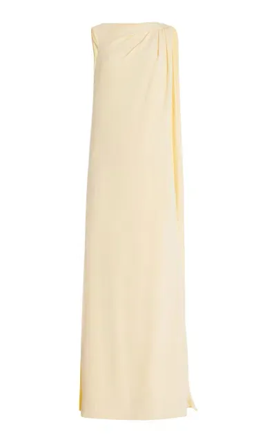 Monique Lhuillier Backless Draped Silk Caftan Gown With Cape In Yellow