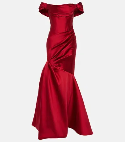 Monique Lhuillier Draped Off-shoulder Gown In Red