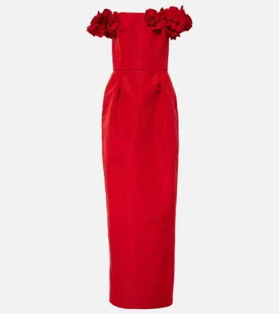 Monique Lhuillier Floral-appliqué Silk Faille Gown In Red