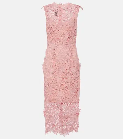 Monique Lhuillier Floral Lace Guipure Midi Dress In Pink