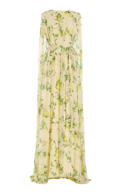 Monique Lhuillier Floral Printed Chiffon Silk Sheath Gown With Cape In Green