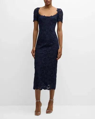 Monique Lhuillier Guipure Tulip Lace Short-sleeve Midi Sheath Dress In Night Sky