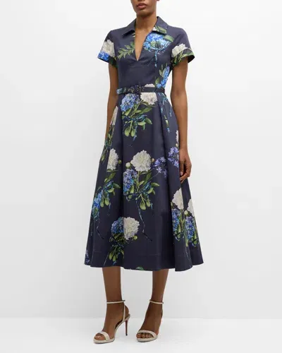 Monique Lhuillier Hydrangea-print Poplin Short-sleeve Belted Midi Shirtdress In Night Sky