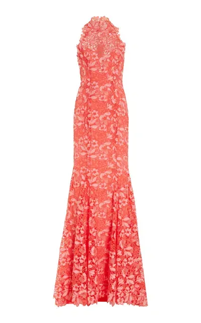 Monique Lhuillier Lace Halterneck Trumpet Gown In Coral