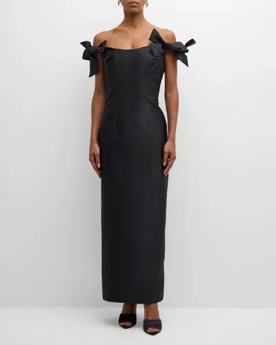 Monique Lhuillier Off-shoulder Bow Gown In Noir