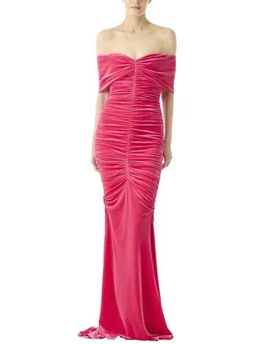 Monique Lhuillier Ruched Off-shoulder Velvet Gown In Pink