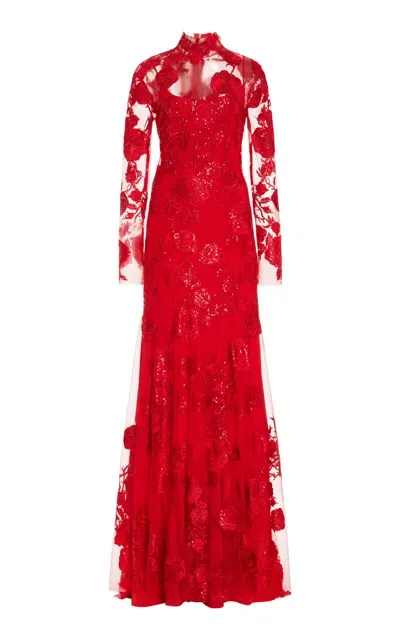 Monique Lhuillier Sequined Lace Gown In Red