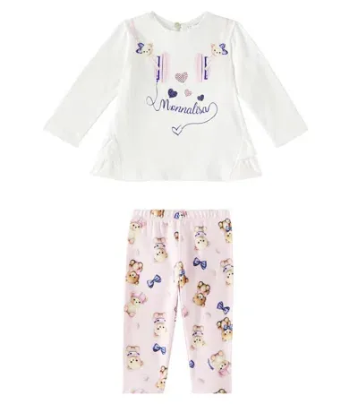 Monnalisa Baby Printed T-shirt And Leggings Set In Rosafairytale+panna