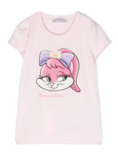 Monnalisa Kids' Bunny-print Stretch-cotton T-shirt In Pink