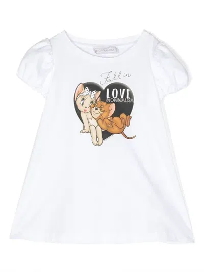 Monnalisa Kids' Cartoon-print Puff-sleeved Top In White