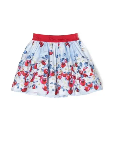 Monnalisa Kids'   Cherry Print Cotton Skirt In Sky Blue