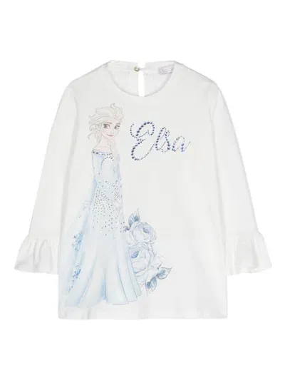 Monnalisa Kids' Crystal-embellished Cartoon-print T-shirt In White