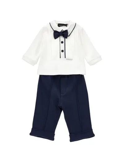 Monnalisa Babies'   Elegant Cotton Set In Cream + Navy Blue