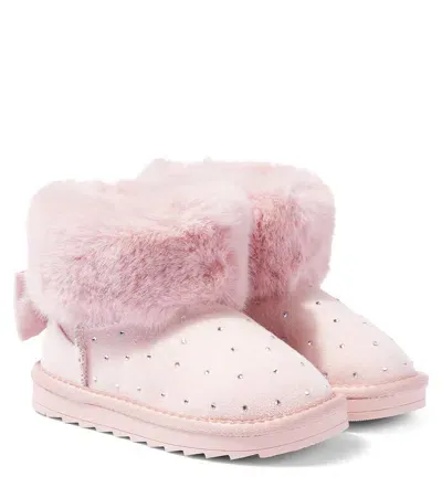 Monnalisa Kids' Embellished Faux Fur-trimmed Boots In Pink