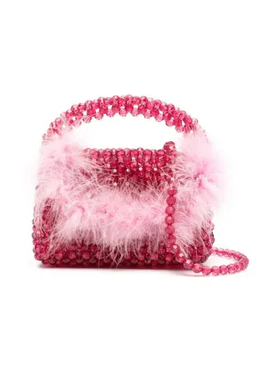 Monnalisa Kids' Feather-embellished Beaded Tote Bag In Pink