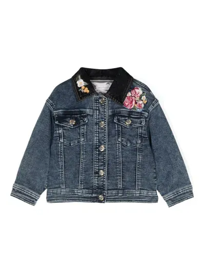 Monnalisa Kids' Floral-embroidered Padded Denim Jacket In Blue