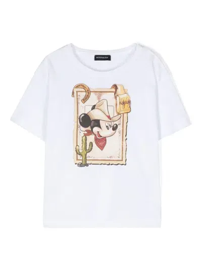 Monnalisa Kids' Mickey Mouse-print Cotton T-shirt In White