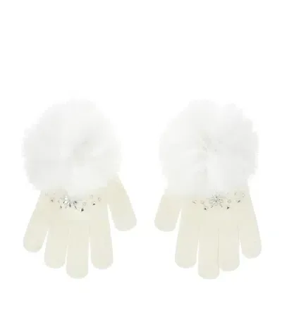 Monnalisa Kids' Pom-pom Rhinestone Gloves In White